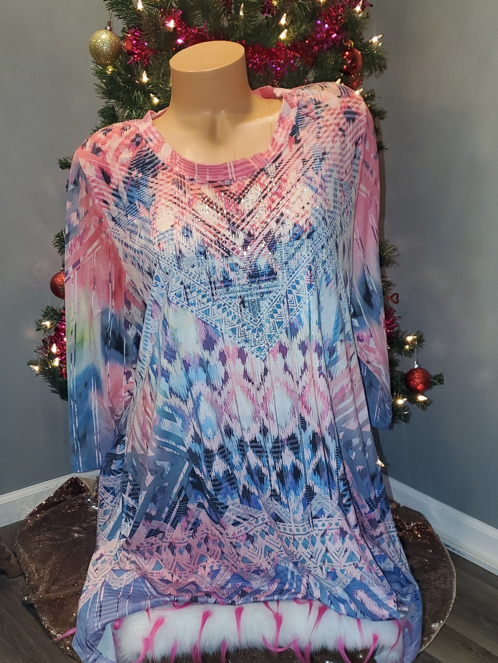 ONE WORLD Pink and Blue Printed Tunic with Sequin Detail
